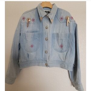 VNT SK Wear western/beaded and tazzled cropped denim jacket. Petite